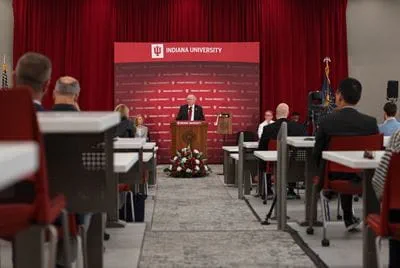 IUSM Dean Jay Hess speaks at the Medical Education and Research Building dedication ceremony.