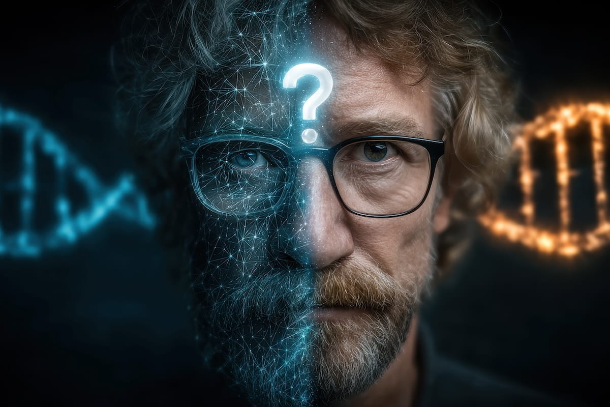 AI generated image of a man with a question mark illumined on his forehead with strands of DNA floating behind him.