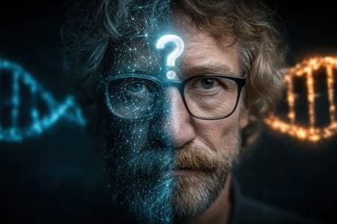 AI generated image of a man with a question mark illumined on his forehead with strands of DNA floating behind him.