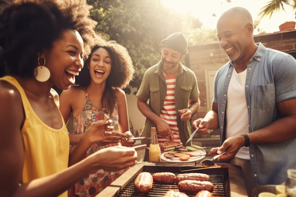 Four dark-skinned individuals standing around a grill with hamburgers, laughing
