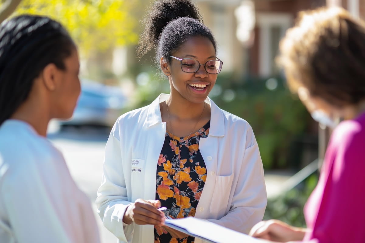 A medical student in white coat talks with an older woman outdoors in residential area