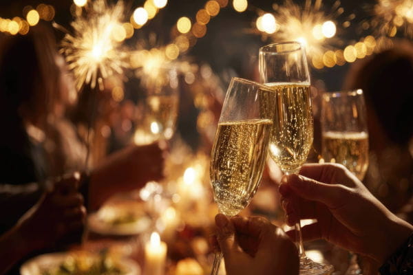 glasses of champagne in a circle during a new years eve celebration 