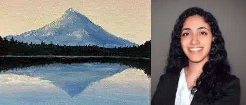 IU med student Aneesha Anand headshot and her mountain watercolor painting.