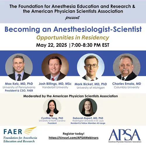 A poster for the "Becoming an Anthesiologist-Scientist" webinar.