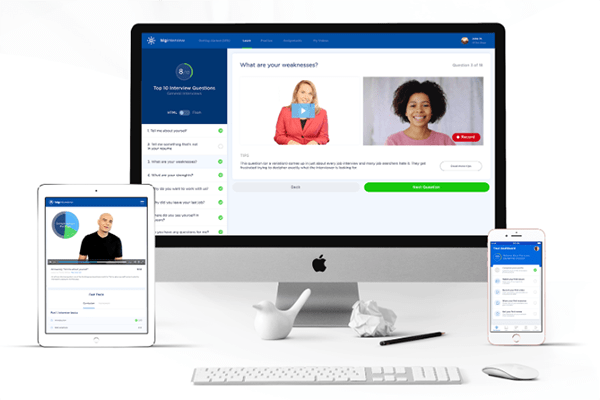 A computer screen, tablet, and phone with the app displayed on it.