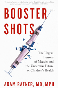 Cover of the book 'Booster Shots' by Adam Ratner. Depicts a needle broken.