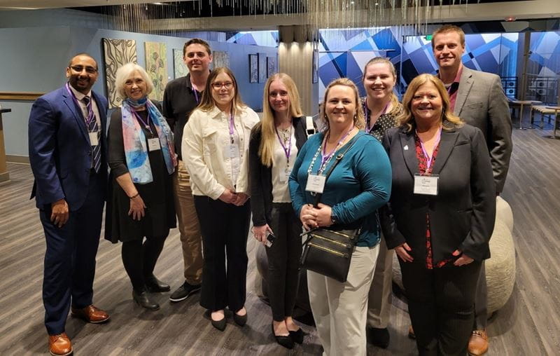 From left to right: Amin Mustafa, Program Director Barbara McGahey Frain, Michael Vujnovich, Jayla Miller, Megan Kersey, Liz Purcell, Taylor Curry, IU alum and past president of ASCT Margee Muciarelli, Education Coordinator and current ASCT President Josh Howell. cytology students posing for camera