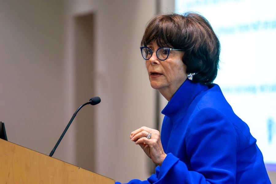 Ruth Faden, PhD, MPH, gives the opening keynote on ethics and implementation science. | Photo by Ryan Liggett, courtesy of Regenstrief Institute ruth faden speaks at a podium