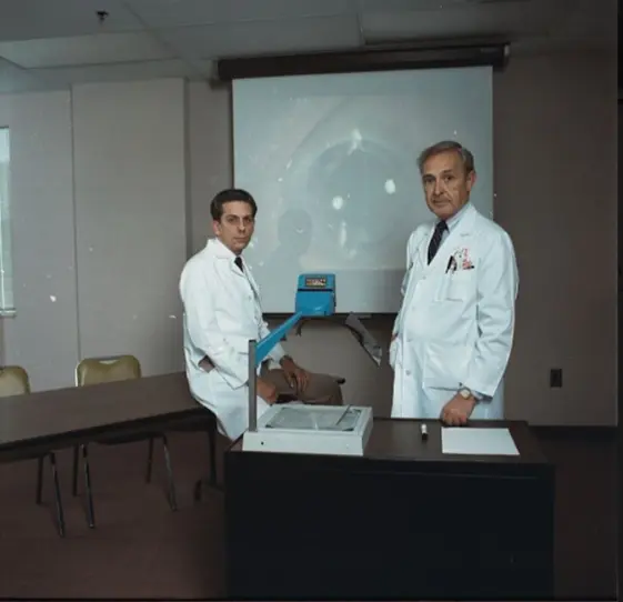Forrest “Daryel” Ellis, MD (right) and Martyn Wills, MD (left), Indiana University School of Medicine Department of Pediatric Ophthalmology, 1989. 