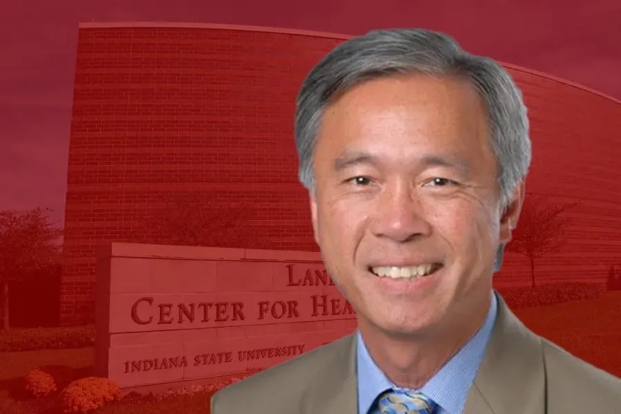 Headshot of Peter Duong with red landscape background