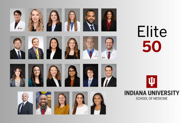 The 23 IU School of Medicine students are displayed along with the school logo and "Elite 50" in text.