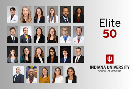 The 23 IU School of Medicine students are displayed along with the school logo and "Elite 50" in text.