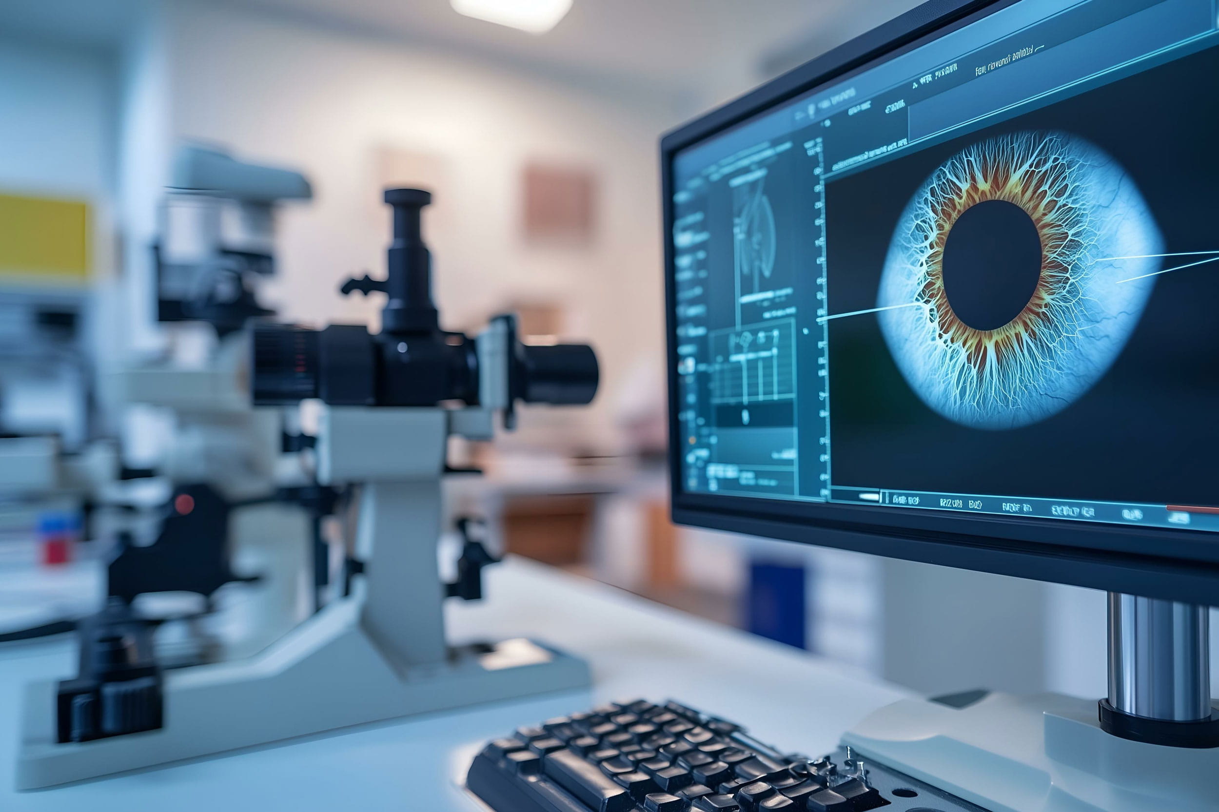 An image of a eye scan appears on a computer screen next to microscopes in a research lab