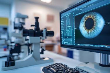 An image of a eye scan appears on a computer screen next to microscopes in a research lab