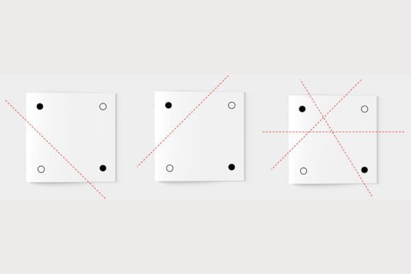 Figure 3. Various folding attempts that all fail to separate the dots by color.