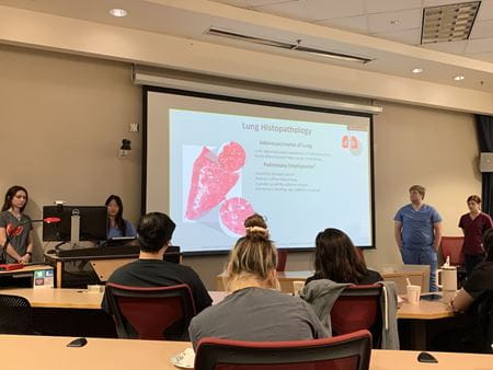 Anatomy students give their 'first patient' presentations in a classroom with video display of lung histopathology report