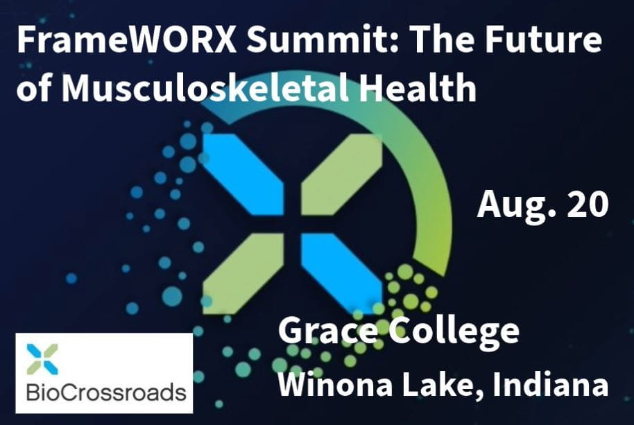 This is an event graphic that features the FrameWORX Summit that will be held at Grace College in Winona Lake, Indiana on Aug. 20. FrameWORX is a lecture series hosted by BioCrossroads.