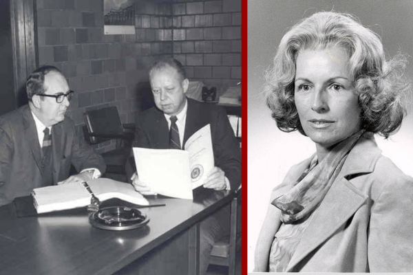 Two image collage with a photo of Glenn Irwin and George Lukemeyer sitting at a table on the left and and a headshot of Nancy Roeske on the right.