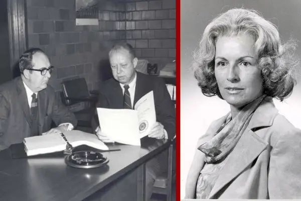 Two image collage with a photo of Glenn Irwin and George Lukemeyer sitting at a table on the left and a headshot of Nancy Roeske on the right.
