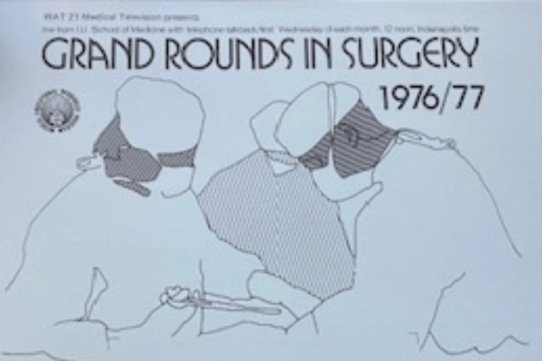 Cover of curriculum booklet for "Grand Rounds in Surgery 1976/77" featuring cartoon artwork of two surgeons