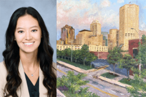 Kathleen Ho with her painting of the Indianapolis skyline.