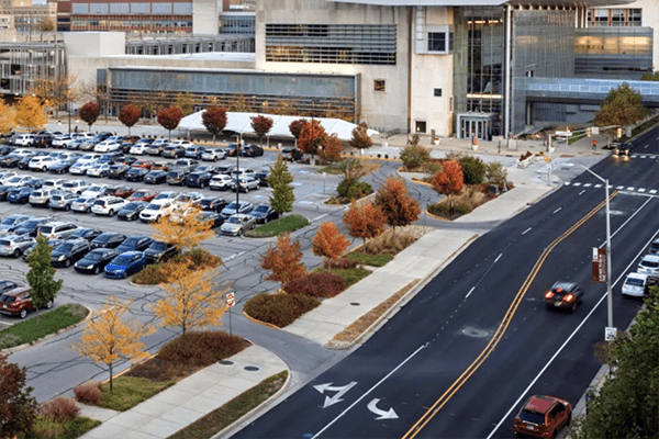 The parking lot near the IU Indy Campus Center.
