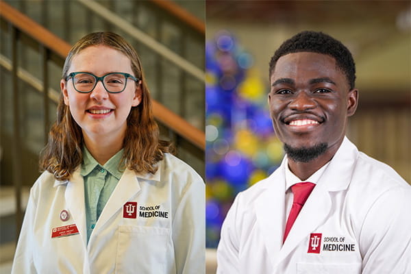 Side-by-side headshots of Sarah Vaught and Mout-Maine Moustapha, both wearing white coats