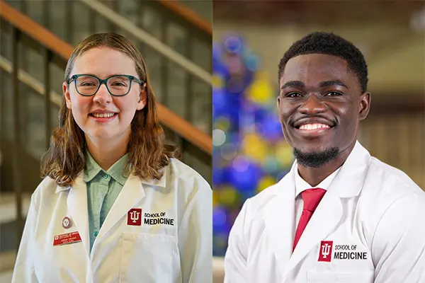 Side-by-side headshots of Sarah Vaught and Mout-Maine Moustapha, both wearing white coats
