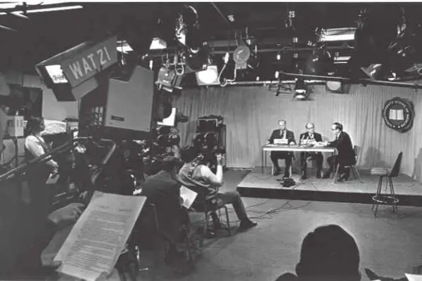 Governor Otis R. Bowen held the first of two news conferences from MERP’s medical television studio on December 18, 1973.  The live signal was fed statewide via IHETS, Indiana’s closed-circuit television network. 