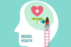 An image of a human head with a person watering it. It says "mental health" nearby.