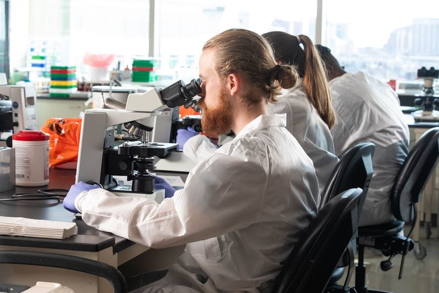 Three students wearing lab coats examine specimens under microscopes while sitting at a table.