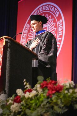 Oliver Strobel speaks at graduation 2025