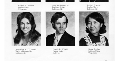 Black-and-white yearbook photo of Patrick R. O'Neil and two other students from the IU School of Medicine Class of 1975