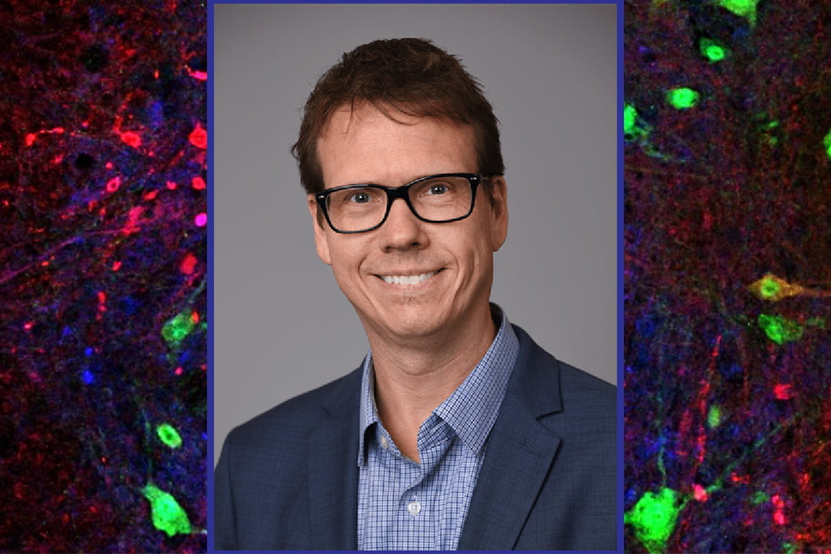 Professional headshot of Brian Pierchala atop a colorful digital microscope image