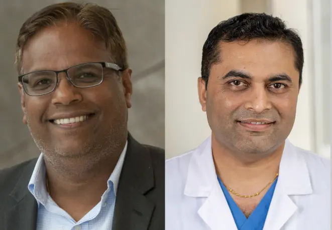 Professional headshots of Rohan Dharmakumar, PhD and Keyur Vora, MD
