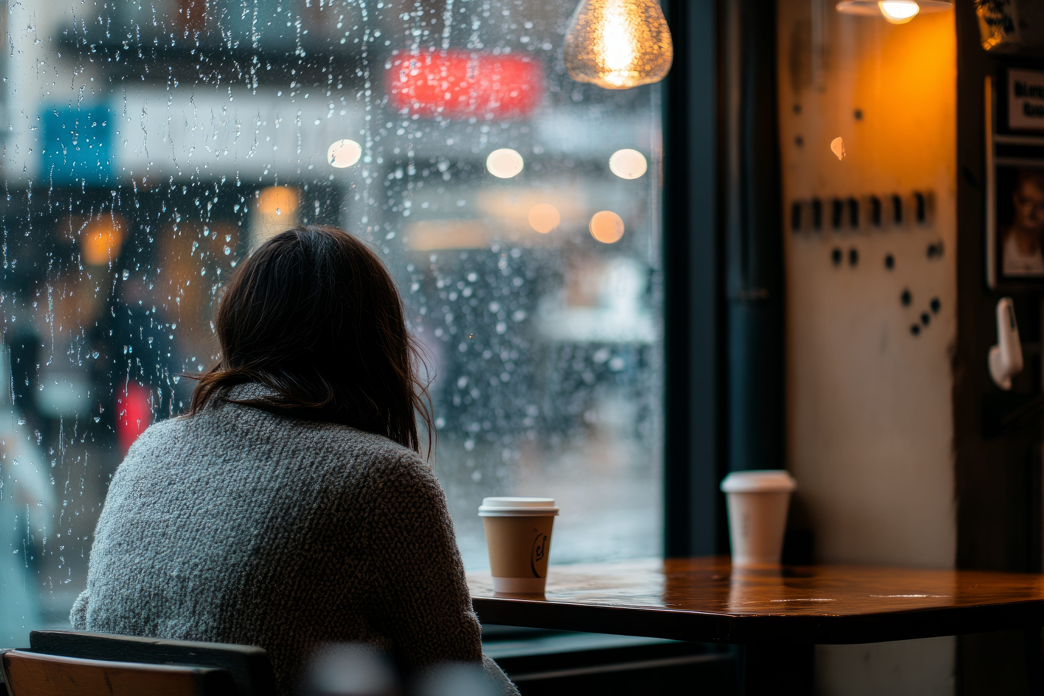 lady in sweater staring out rainy window
