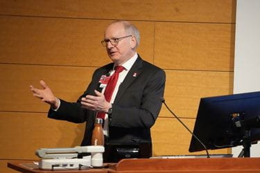 IU School of Medicine Dean Jay L. Hess speaks at the Spring 2025 All School Meeting.