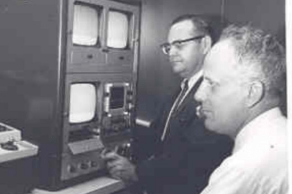 Seymour Freidberg adjusts the wave form monitor while Ralph Nye makes a video recording