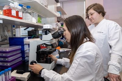 A woman sits at a microscope as another woman stands by in the Tansey Lab at IU School of Medicine.