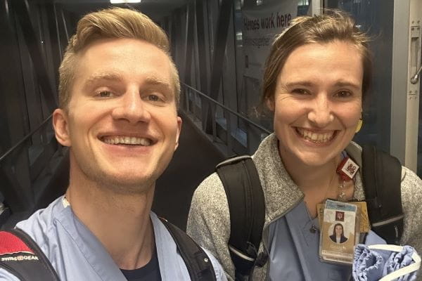 Chris Gough pictured alongside fellow resident, Jackson Baril, after finishing her first overnight shift at University Hospital.&nbsp;| Photo courtesy Chris Gough