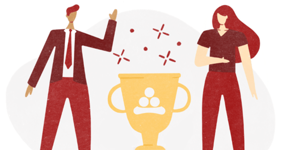 Artwork of two individuals standing next to an award.