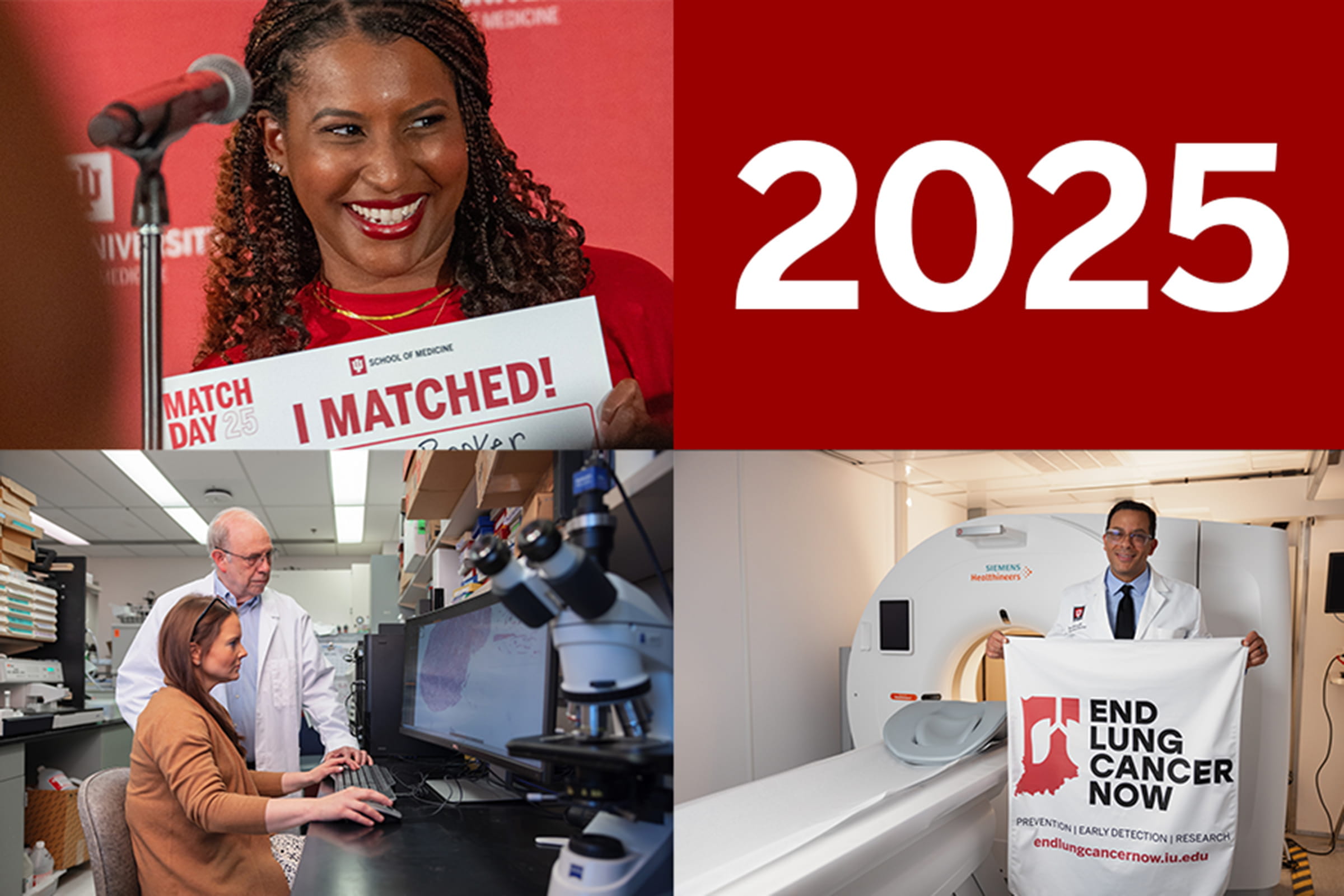 Collage 2025: Match Day, Wade Clapp in the lab, Nasser Hanna with End Lung Cancer Now banner