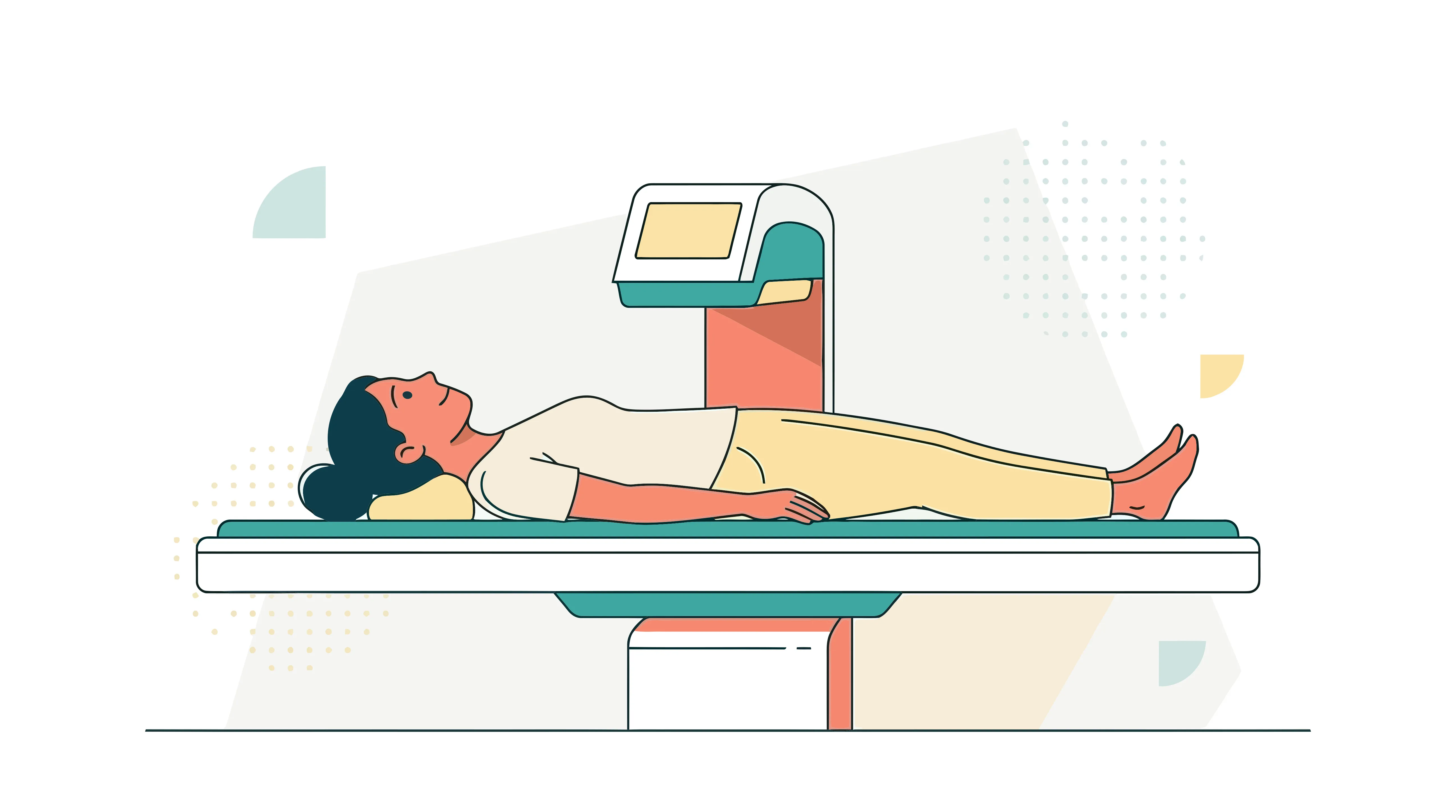 AI-generated illustration of a woman undergoing a DXA scan.