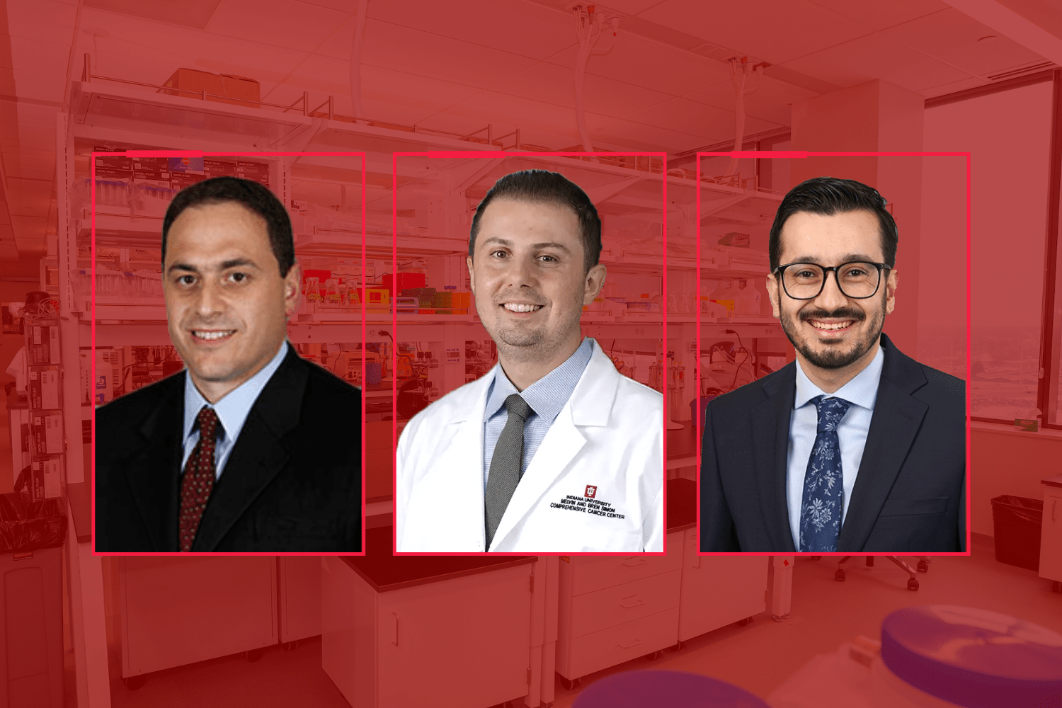 Photos of Drs. Adra, Salous and Kaimakliotis with a red background