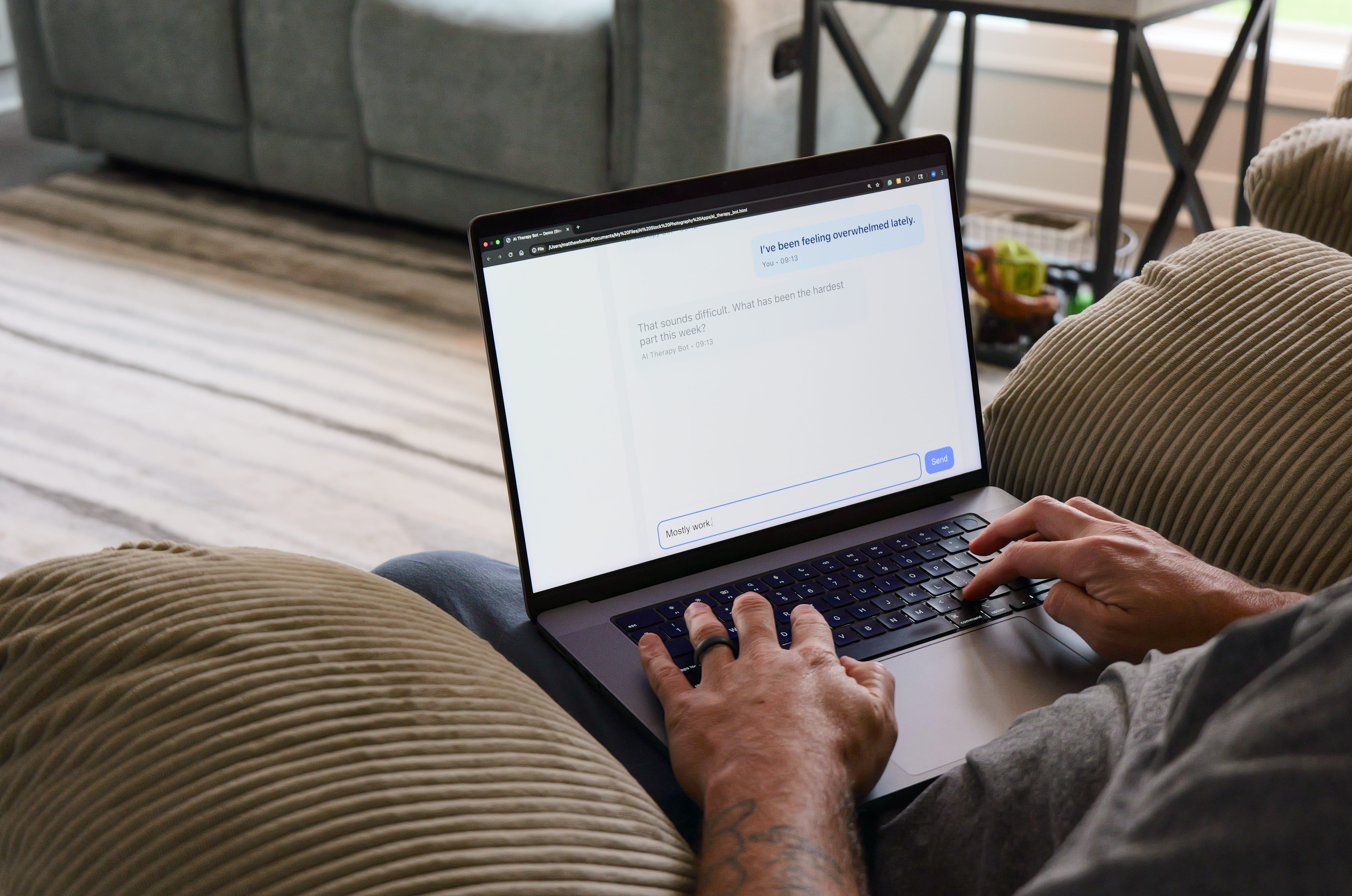 A stock image of a laptop in someone's lap. 