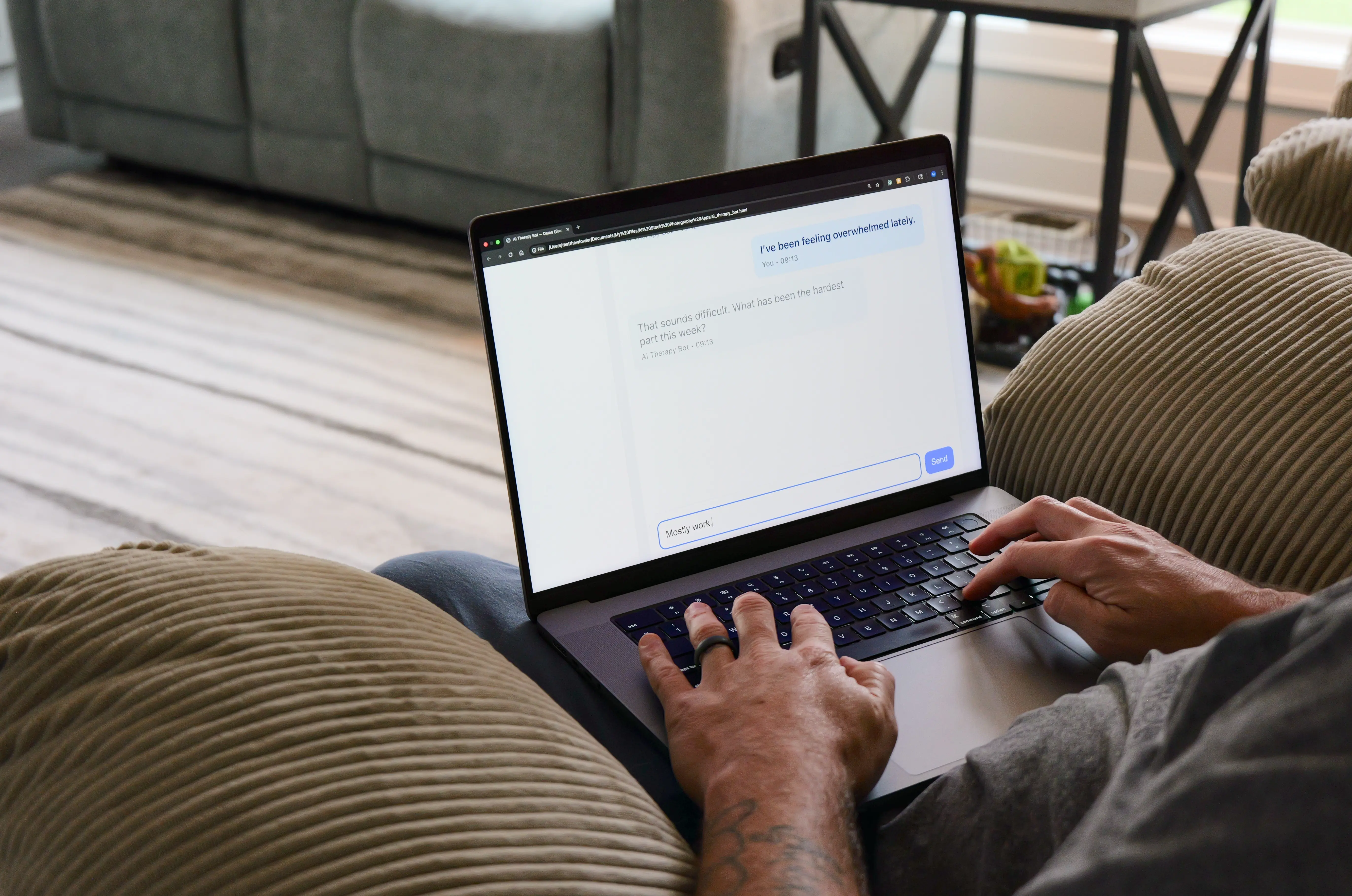 A stock image of a laptop in someone's lap. 