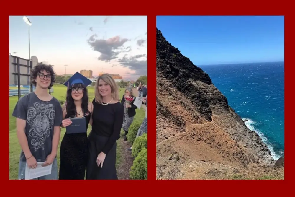 A side-by-side image shows Emmett Loyd with his sister, Vivian, and mother, Tara, at Vivian's graduation on the left and a rocky section of the Kalalau Trail overlooking the Pacific Ocean on Kauai's Nā Pali Coast on the right.