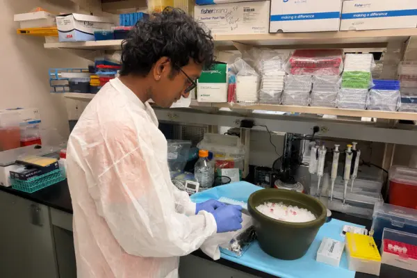 Rishabh Rajesh working with samples at a bench in a research lab.