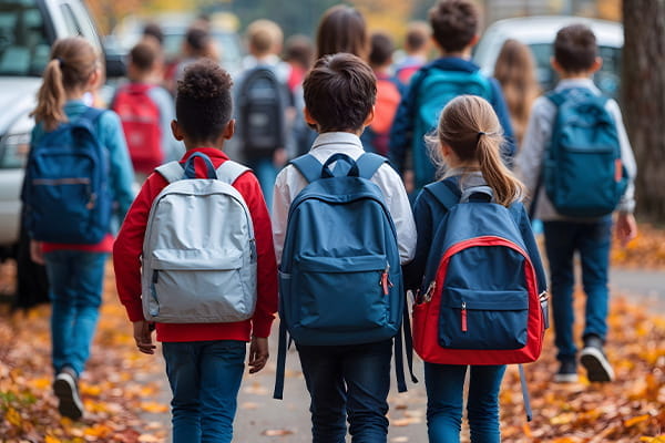 three kids with backpacks on waking on sidewalk headed to school 