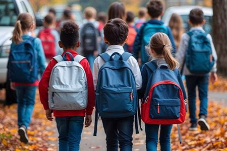 three kids with backpacks on waking on sidewalk headed to school
